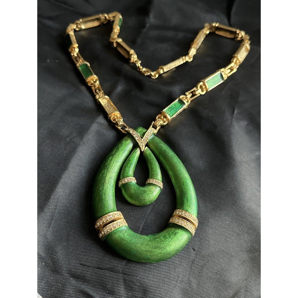 Vintage Rare POLCINI Green Enamel Choker Drop Pendant Necklace Pave Rhinestones